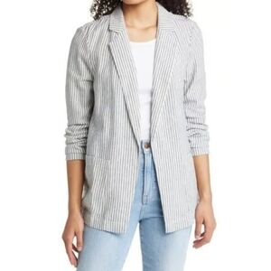 Calson Linen Blend Navy White  Striped Open Front Preppy Blazer Size Medium